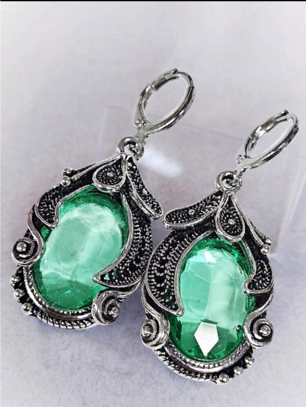 Vintage Silver Green Gemstone Earrings NEW 🏷️